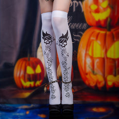 Skull Print Thigh High Socks Halloween Lace Over The Knee Stockings