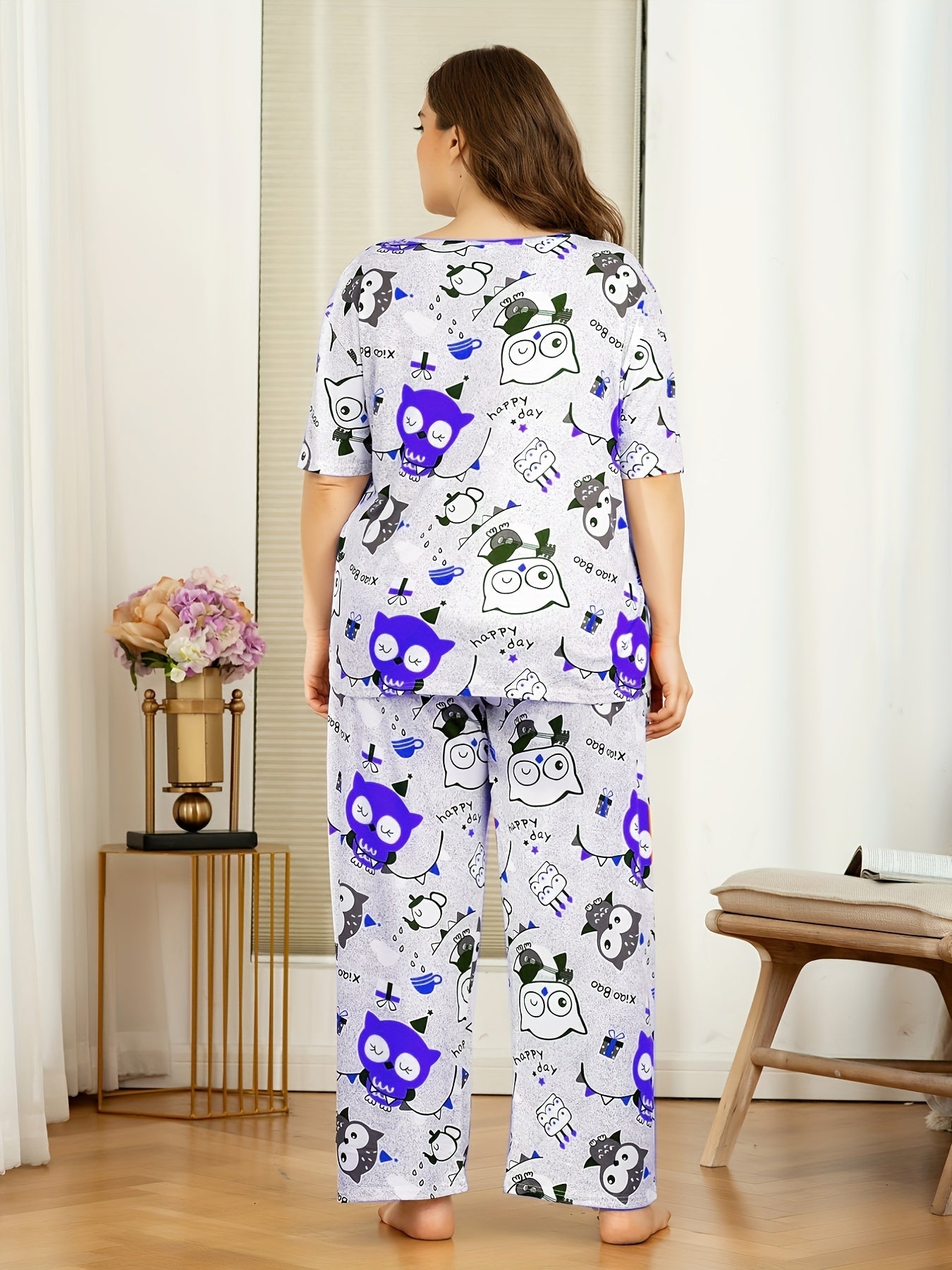 Women's Plus Owl & Cakes Print Short Sleeve Pajama Set