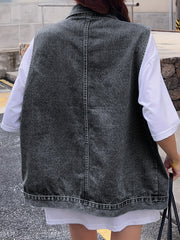Denim Jacket Vest Women's Cross Print Lapel Collar