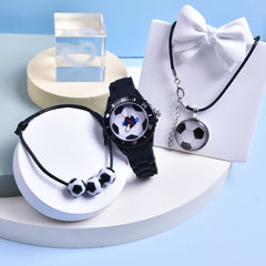 Boys' Football Pattern Sports Watch Set with Bracelet & Necklace