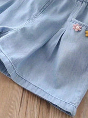 Girls Bow Denim Shorts Elastic Waist Comfortable Thin Short Pants