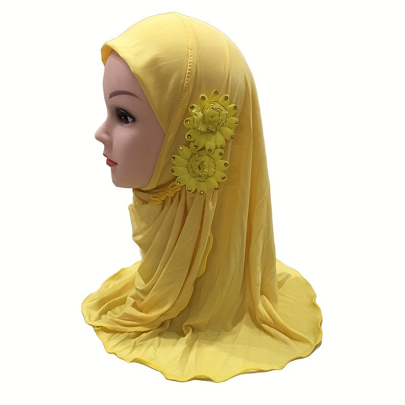 Eid Hat Arab Two Flowers Cover Muslim Headscarf for Little Girls