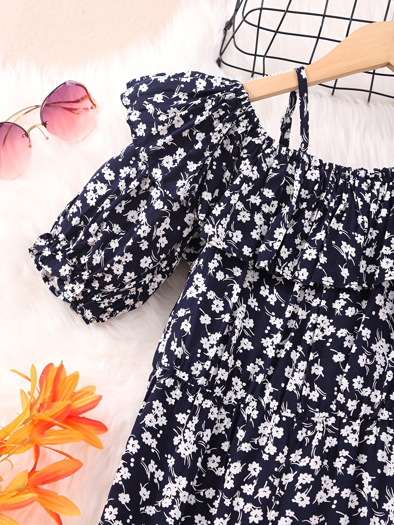 Girls Holiday Style Jumpsuit Ruffles & Flowers Print Short Sleeve Jumpsuits