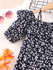 Girls Holiday Style Jumpsuit Ruffles & Flowers Print Short Sleeve Jumpsuits