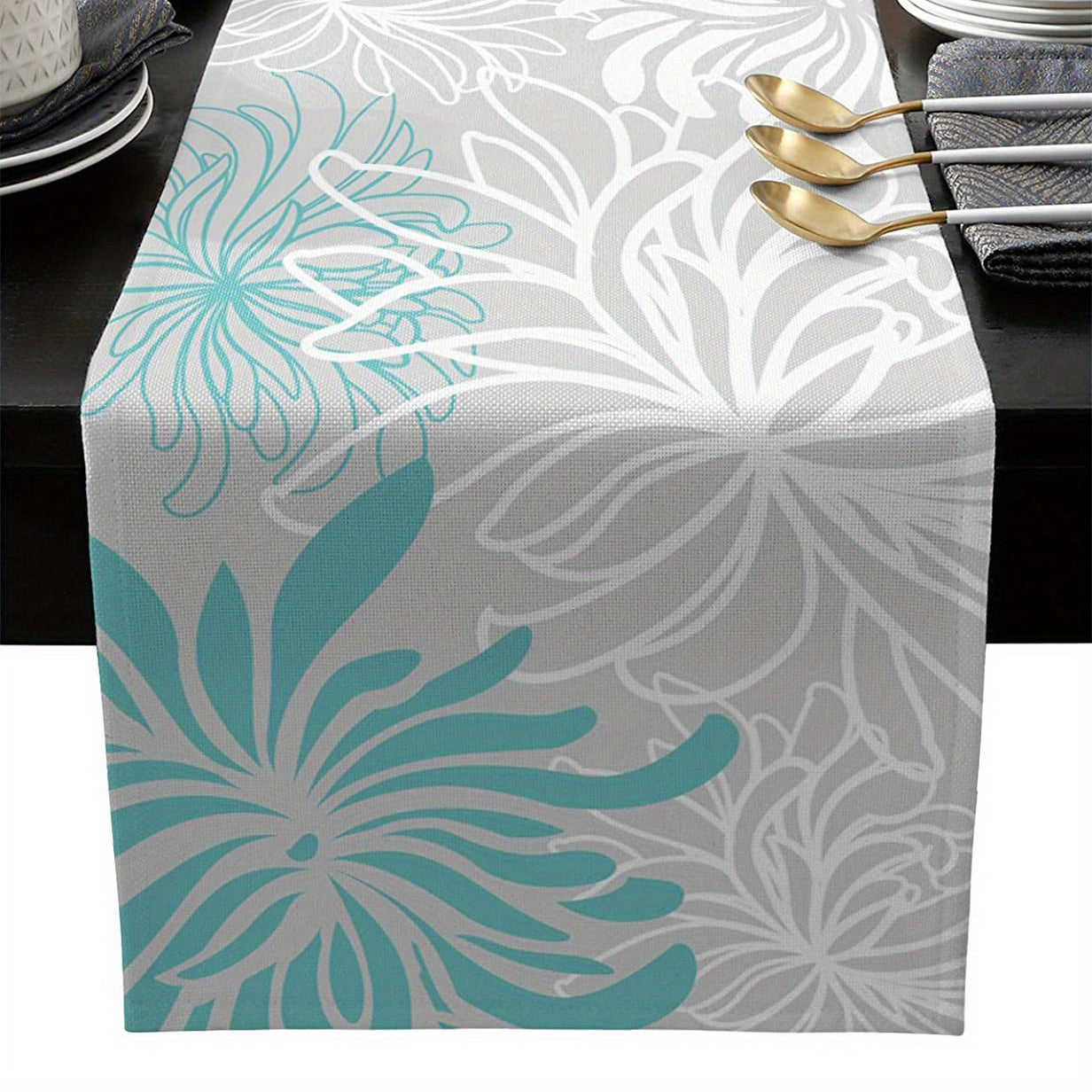 Aqua Chrysanthemum Flowers Table Runner Placemats Heat Resistant Floral Pad
