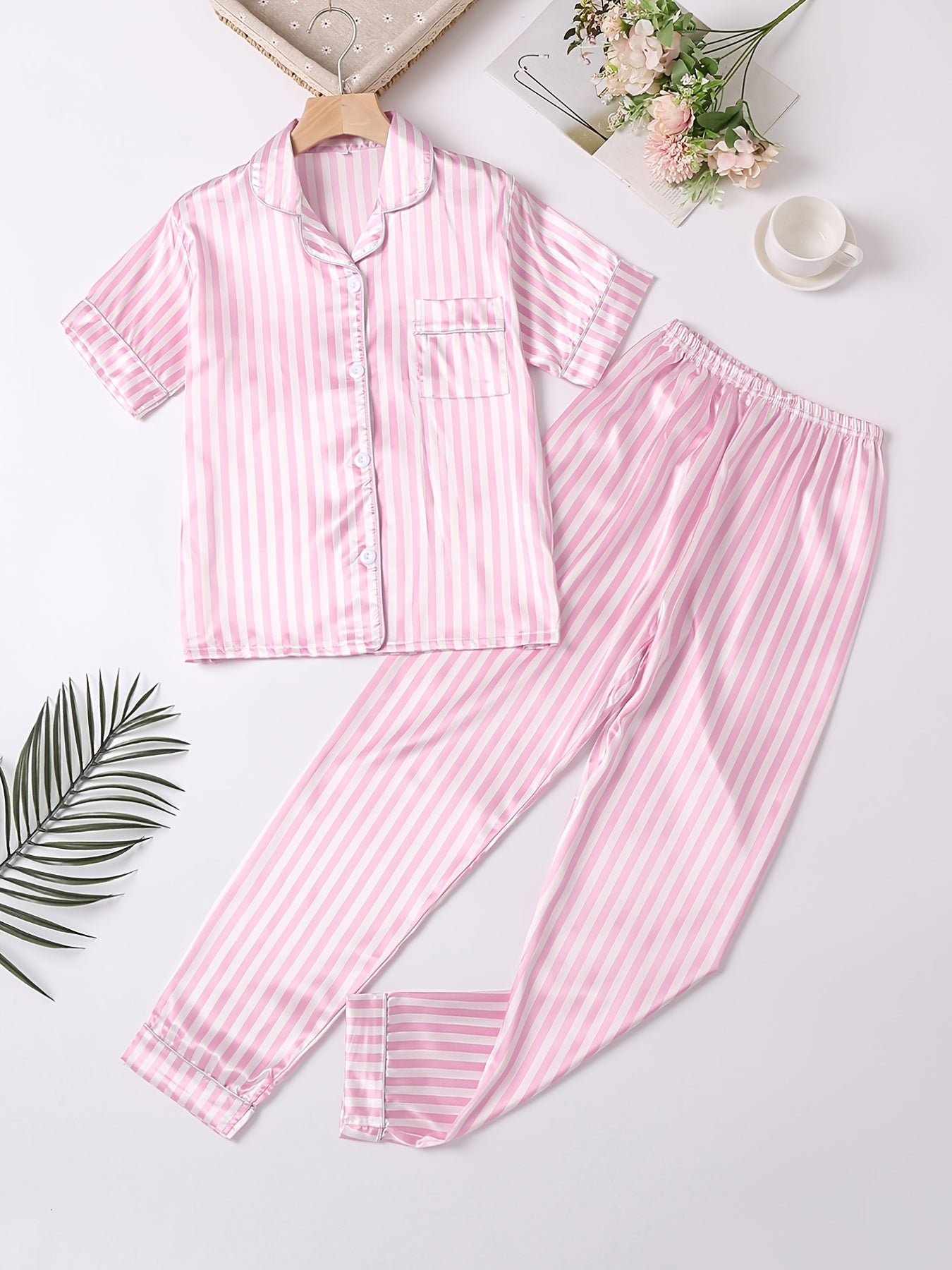 Girls Pink Stripes Pajama Set V Neck Short Sleeve Top & Pants