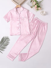 Girls Pink Stripes Pajama Set V Neck Short Sleeve Top & Pants