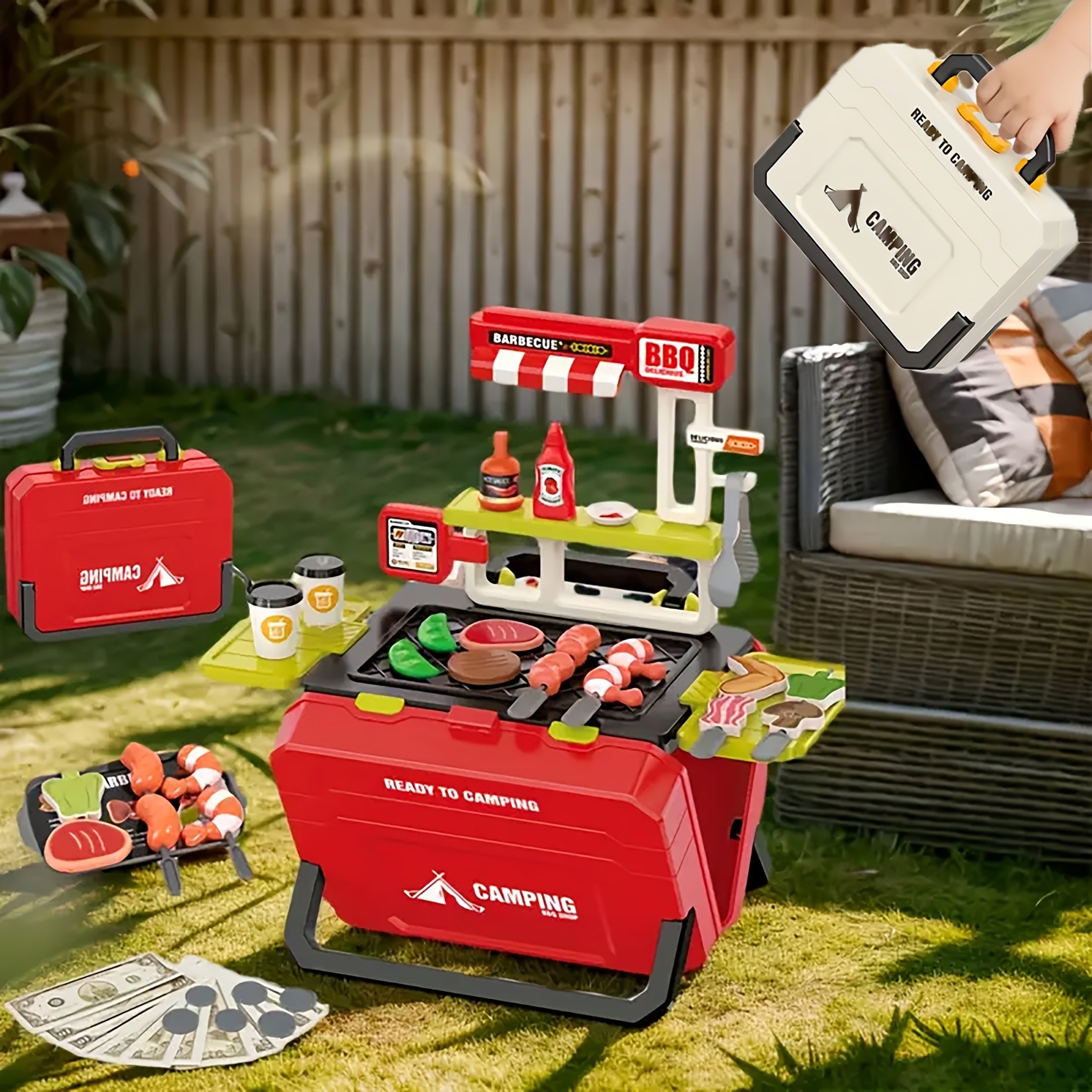 Kids BBQ Grill Set Play Food Toys with Hanging Barbecue Rack