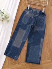Girls' Graphic Wide Leg Jeans, Elastic Waist Denim Pants