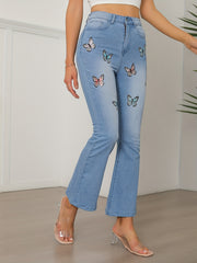 Butterfly Print Flare Leg Jeans High Rise Bell Bottoms
