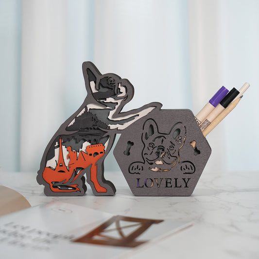 French Bulldog 3D Wooden Carving LED Night Light Pencil Holder