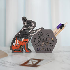 French Bulldog 3D Wooden Carving LED Night Light Pencil Holder