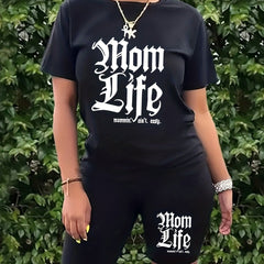 Mom Life Print 2pc Set Gothic Letter Print T Shirt & Shorts Women's Outfits