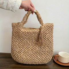 Large Capacity Straw Handbag Lightweight Braided Satchel Bag With Tassel