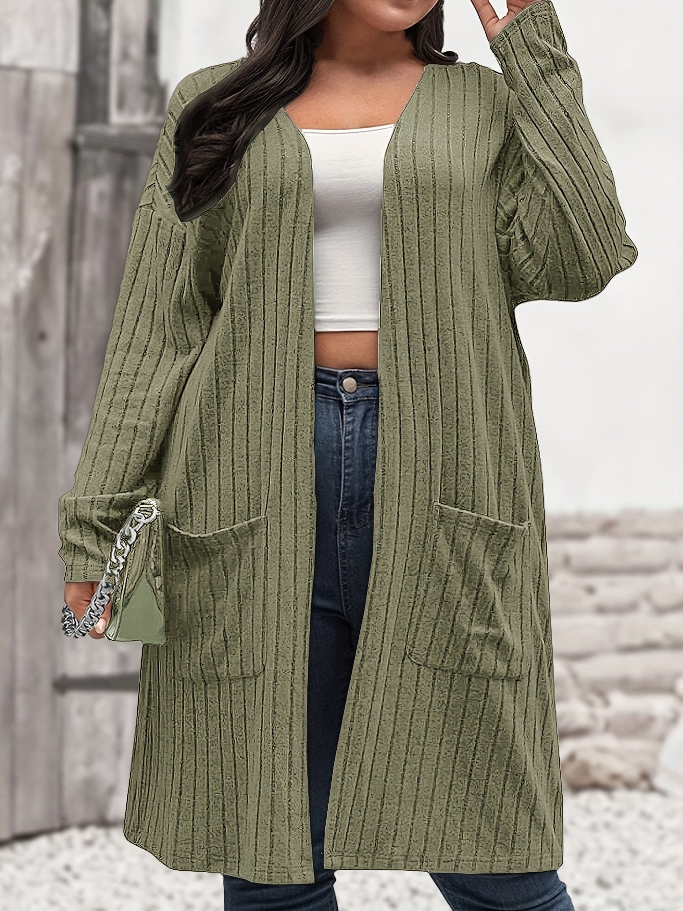 Solid Ribbed Long Sleeve Open Front Knit Cardigan