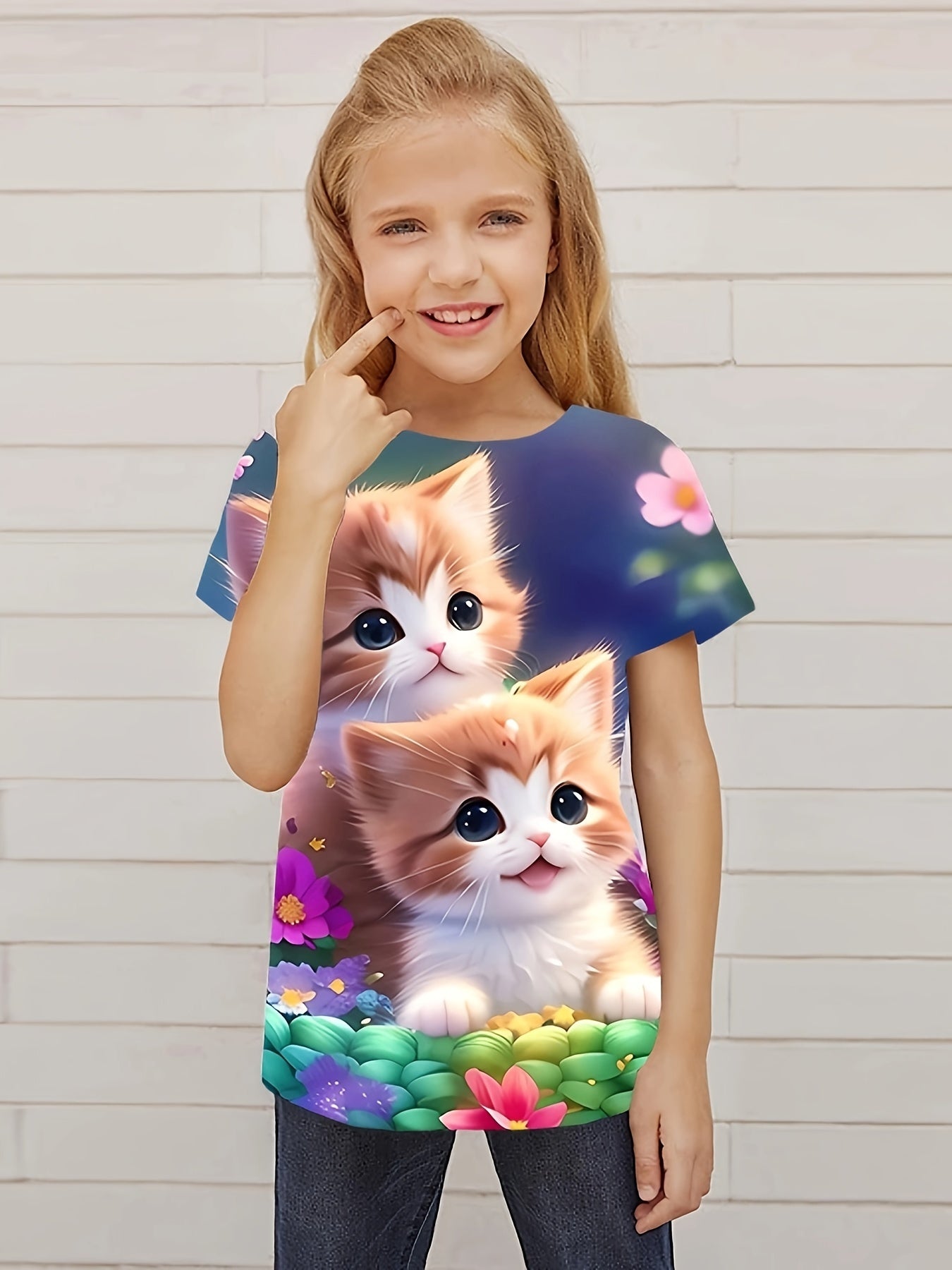 3D Kitty Graphic Crew Neck T shirt Girls Summer Casual Pullover Tops
