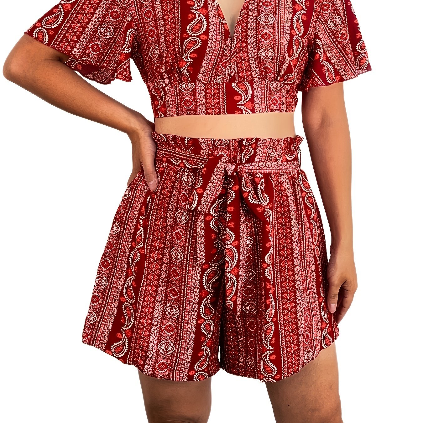 Paisley Print Two Piece Set Plunging V Neck Top & Wide Leg Shorts
