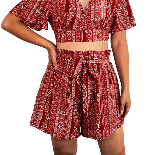 Paisley Print Two Piece Set Plunging V Neck Top & Wide Leg Shorts