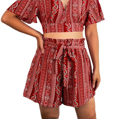 Paisley Print Two Piece Set Plunging V Neck Top & Wide Leg Shorts
