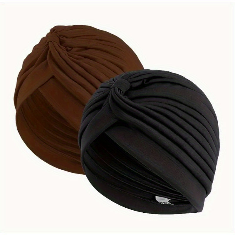 2pcs Pleated Elastic Turban Cap Solid Head Wraps Casual Hijab Hats