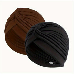 2pcs Pleated Elastic Turban Cap Solid Head Wraps Casual Hijab Hats