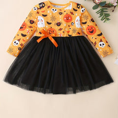 Halloween Print Mesh Party Dress Baby Girls Long Sleeve Casual Dress