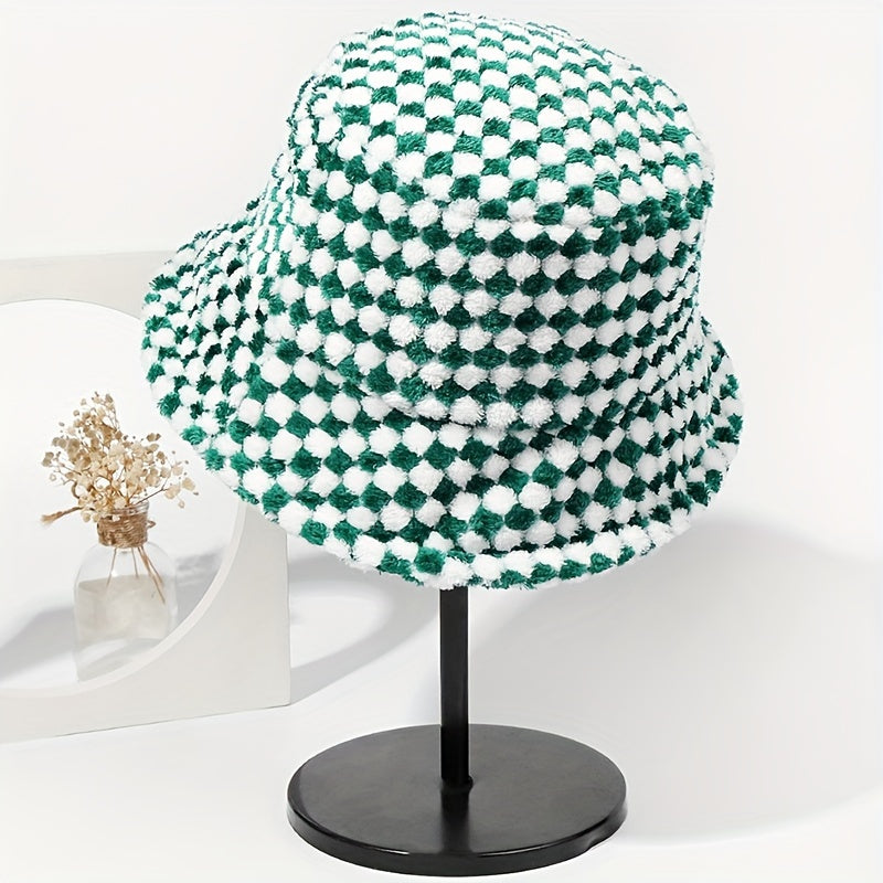 Green Plaid Plush Bucket Hat for Women & Men
