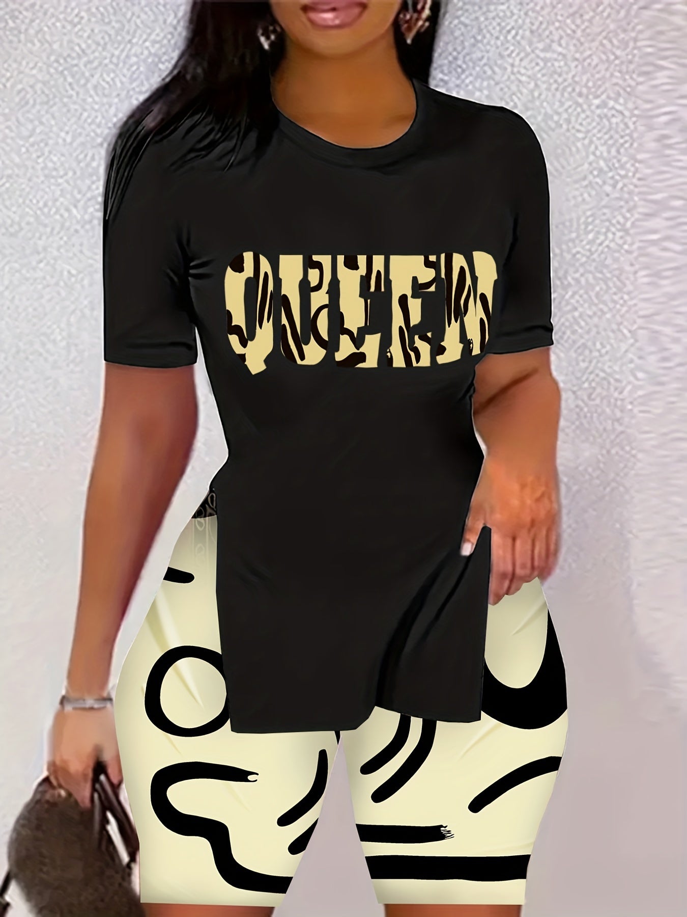 Letter Print 2pc Set Split T-shirt & Biker Shorts Outfits Women's Clothing