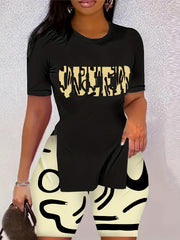 Letter Print 2pc Set Split T-shirt & Biker Shorts Outfits Women's Clothing