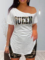 Patchwork Casual Two piece Set Letter Print Slanted Shoulder T shirt & Slim Shor