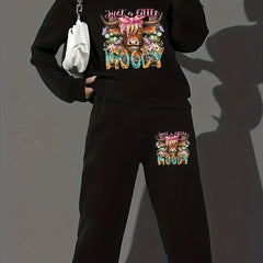 Women's Plus Art Letter & Cow Print 2 Piece Set