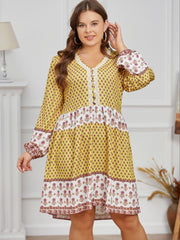 Boho Dress Women's Plus Colorblock Floral Print Long Sleeve V Neck