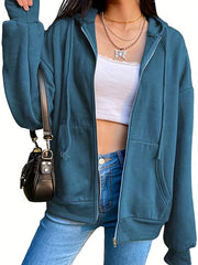 Women's Zip Up Solid Hoodie Long Sleeve Casual Sweatshirt
