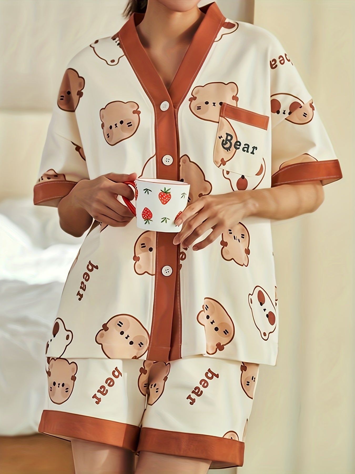 Bear Print Lounge Set Short Sleeve Top & Shorts Women's Loungewear