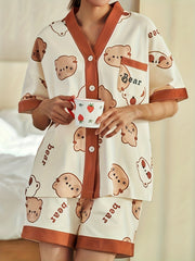 Bear Print Lounge Set Short Sleeve Top & Shorts Women's Loungewear