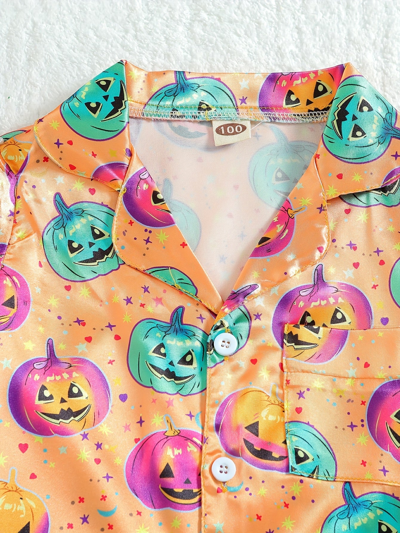2pcs Boy's Pumpkin Pattern Satin Pajamas Halloween Style PJ Set