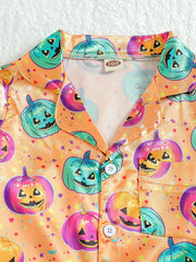 2pcs Boy's Pumpkin Pattern Satin Pajamas Halloween Style PJ Set