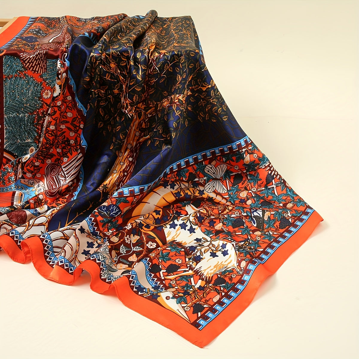 Geometric Floral Printed Satin Square Scarf for Hair Wrapping