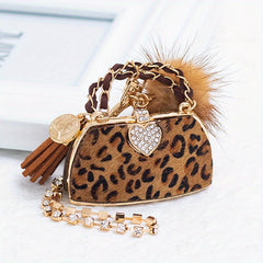 Leopard Bag & Pom Pom Bracelet Keychain Rhinestone Key Ring Purse Charm