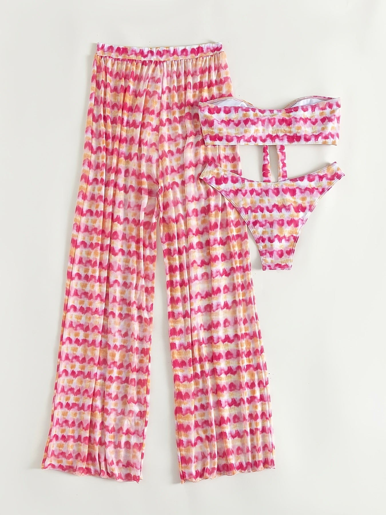 Tie Dye Knot Front Bandeau Bikini Set with Cover Up
