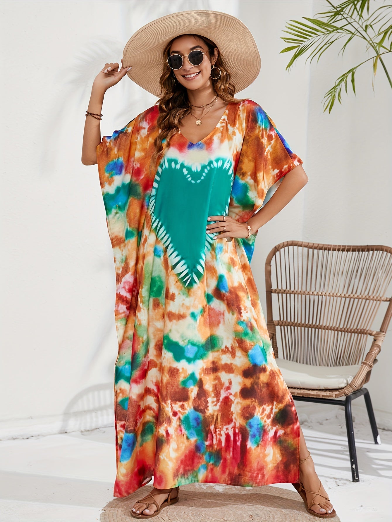 Boho Cover Up Tie Dye Heart Pattern V Neck Maxi Beach Cover Up