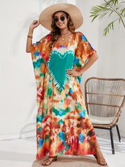 Boho Cover Up Tie Dye Heart Pattern V Neck Maxi Beach Cover Up