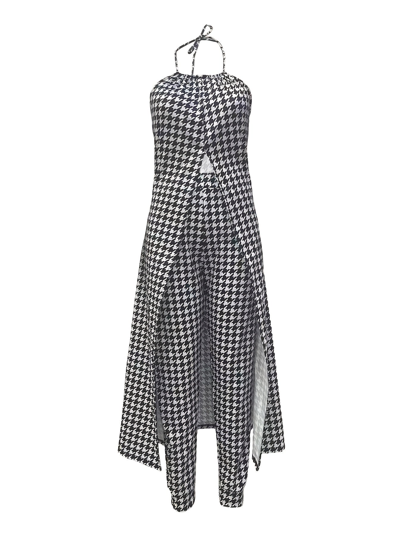 Houndstooth Print 2Pc Set Halter Neck Maxi Dress & High Waist Pants