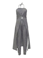 Houndstooth Print 2Pc Set Halter Neck Maxi Dress & High Waist Pants