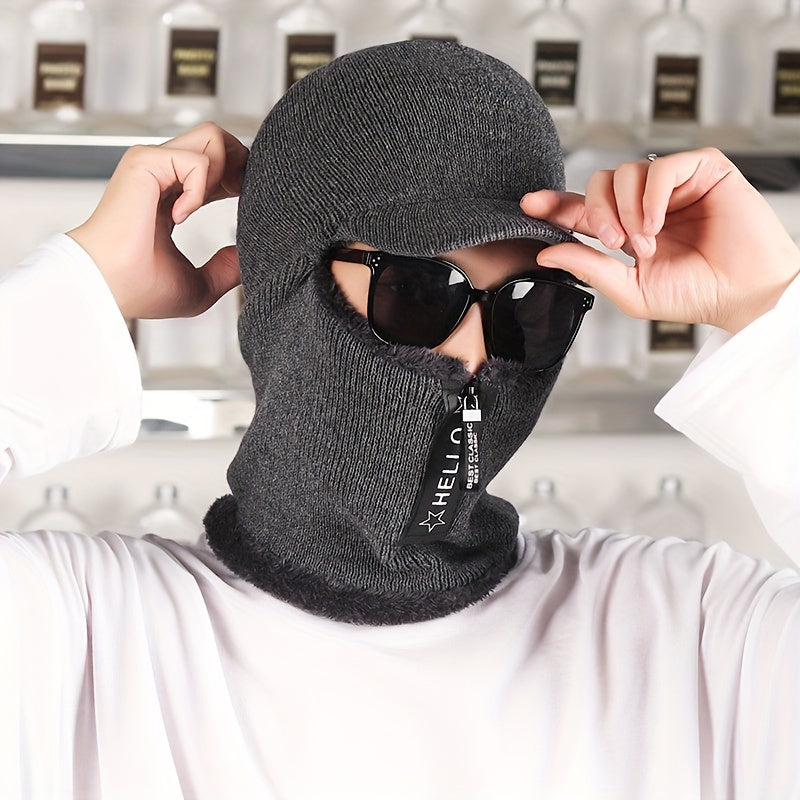 Winter Velvet Knitted Hat Men's Cycling Zipper Face Cover Balaclava
