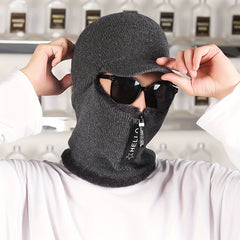 Winter Velvet Knitted Hat Men's Cycling Zipper Face Cover Balaclava