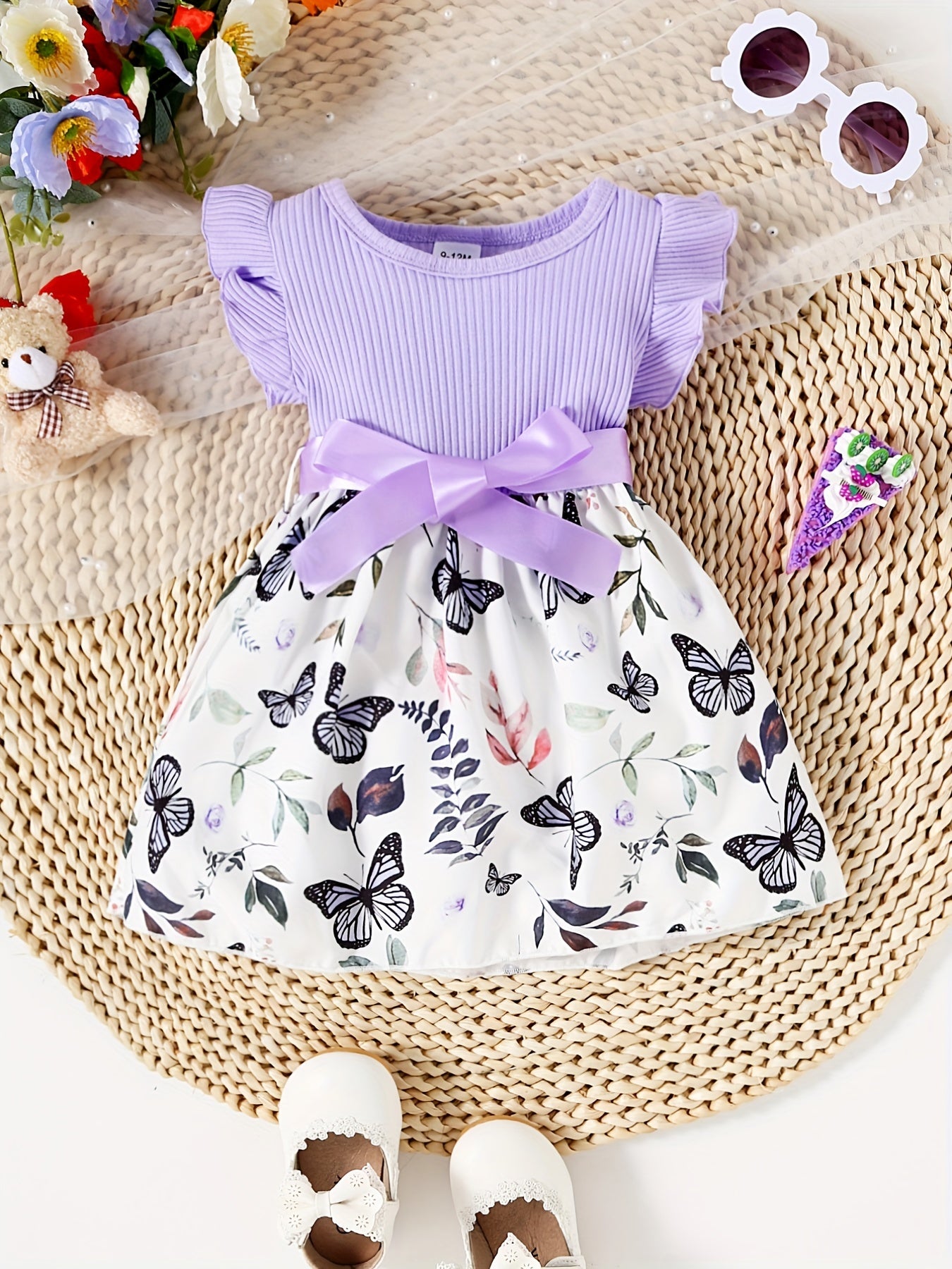 Baby Girls Butterfly Print Ruffle Sleeve Dress Belted Kids Summer Clothes