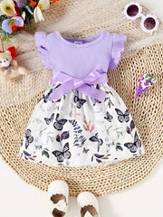 Baby Girls Butterfly Print Ruffle Sleeve Dress Belted Kids Summer Clothes