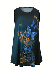 Butterfly Print Tank Top Round Neck Medium Stretch