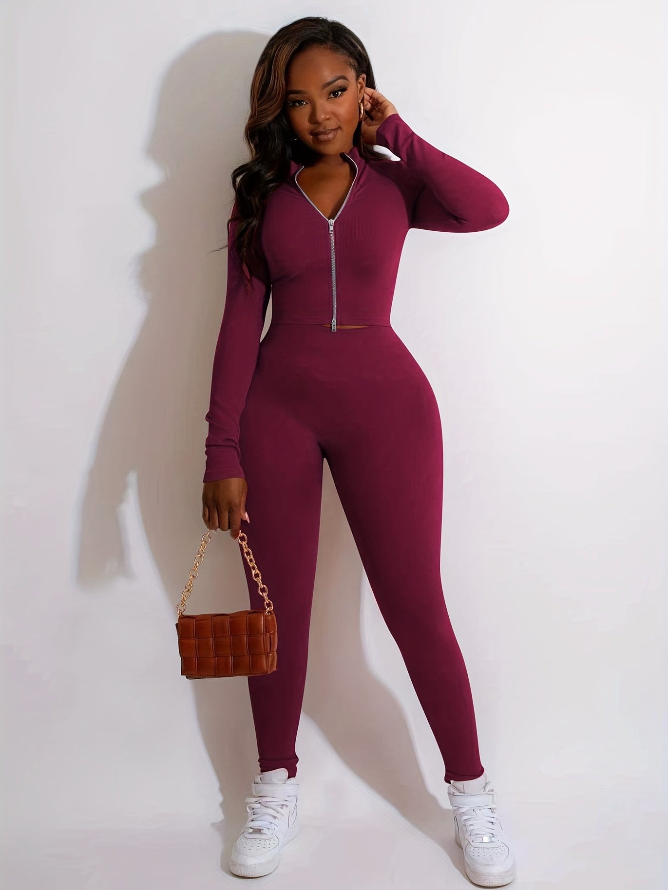 Casual Two Piece Set Zip Up Outerwear & High Waist Workout Pants